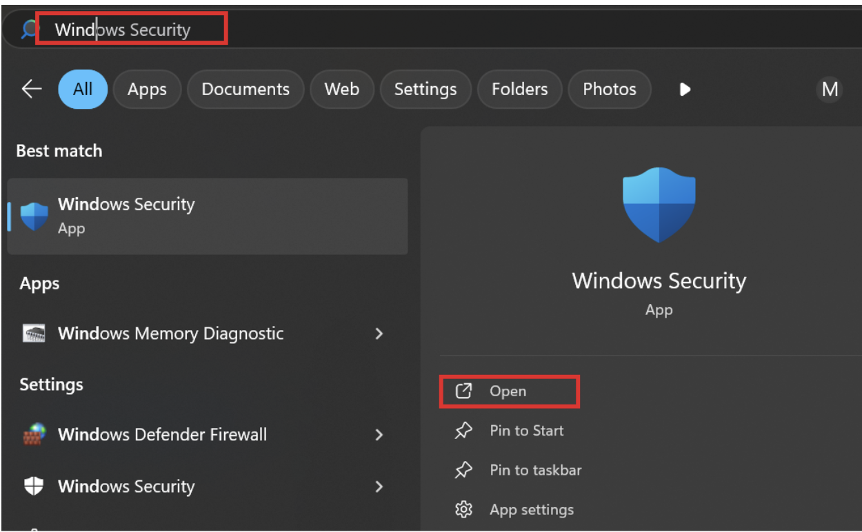 Search for Windows Security and click Open
